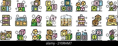 Cet ensemble d'icônes présente différents styles de blocs de jouets colorés, parfaits pour illustrer des concepts liés au développement de l'enfance, à l'éducation et au jeu Illustration de Vecteur