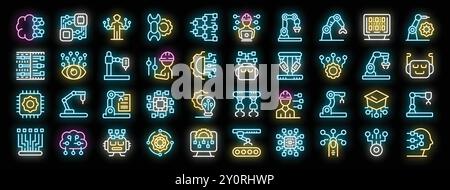 Ensemble d'icônes de néon de technologie d'automatisation, symboles vectoriels de robot industriel, collection de bras robotique, signes d'ingénierie, pack ai, icônes de ligne cybernétique, illustrations colorées au néon intelligentes Illustration de Vecteur