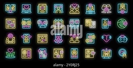 Des icônes lumineuses au néon représentant différents aspects de la datation en ligne, de la recherche de correspondances aux dates virtuelles Illustration de Vecteur