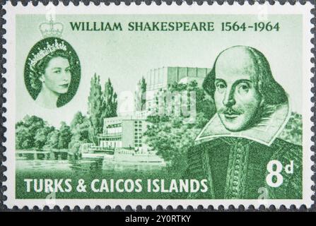 William Shakespeare (1564 1616), dramaturge, poète et acteur anglais. Portrait sur timbre-poste des îles Turks & Caicos avec la reine Elizabe Banque D'Images