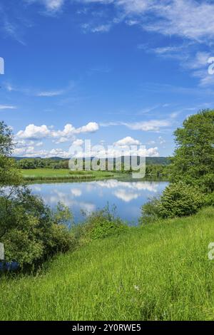 Paysage de la rivière Danubia avec reflet du paysage et des nuages, Haut Palatinat, Bavière, Allemagne, Europe Banque D'Images