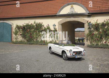 Fiat blanc historique convertible dans la cour avec arche, croissance des plantes, roses, haie de roses, nostalgique, Idyll, Schloss Fasanerie, Eichenzell, Hesse Banque D'Images