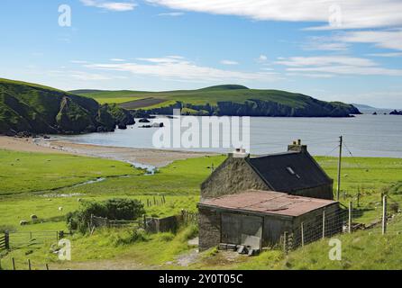 Paysage côtier avec une petite maison près de la mer, collines verdoyantes et plage sous un ciel nuageux, lieu de film de crime, îles Shetland, Écosse, Royaume-Uni Banque D'Images