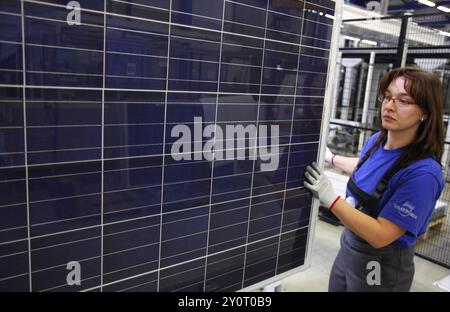 Freiberg, 08.02.2010, Un ouvrier assemble un panneau solaire chez Solarworld AG, Freiberg, Allemagne, Europe Banque D'Images