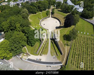 Vue aérienne d'un ancien amphithéâtre, entouré d'une végétation dense et d'un environnement semblable à un parc, vue aérienne, amphithéâtre, Trèves, Rhénanie-Palatinat Banque D'Images