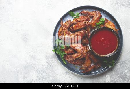 Frit au four, ailes de poulet, avec épices, sauce tomate, sur une assiette, fond gris, pas de gens, fait maison Banque D'Images