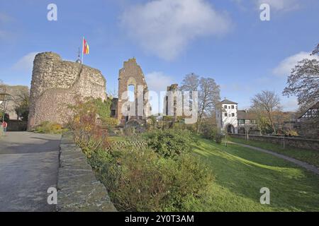 Palais roman du château de Hayn et porte inférieure, tour de porte, porte de ville, ruine historique, Dreieichenhain, Dreieich, Hesse, Allemagne, Europe Banque D'Images