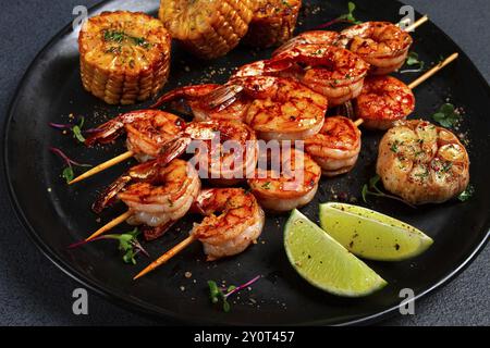 Crevettes tigrées sur brochettes, kebab de crevettes, avec du maïs, frites, maison, personne Banque D'Images