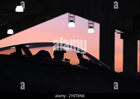 Un pilote et un F-16 Fighting Falcon affectés au 179th Fighter Squadron, 148th Fighter Wing, Minnesota Air National Guard, se préparent à voler pendant leur déploiement à la base aérienne de Kadena, au Japon, le 22 août 2024. Le 148e se déroule à Kadena dans le cadre d’un déploiement rotatif démontrant l’engagement des États-Unis dans la région Indo-Pacifique. (Photo de la Garde nationale aérienne américaine par Airman 1re classe Addie Peterson) Banque D'Images