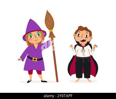 Ensemble d'enfants drôles en costumes d'halloween. Illustration vectorielle. Joyeux et mignons enfants de carnaval. Sorcière et vampire. Illustration de Vecteur