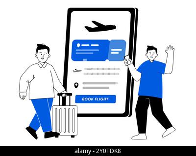 Voyageur acheter billet en ligne vol de réservation à partir du smartphone grand écran vol de réservation noir et blanc avec illustration bleue Illustration de Vecteur