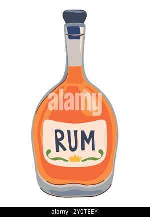Bouteille de rhum dans un style plat. Illustration vectorielle de boisson alcoolisée sur fond blanc. Boisson de canne à sucre commune dans les Caraïbes et en Afrique, traditionnelle Illustration de Vecteur