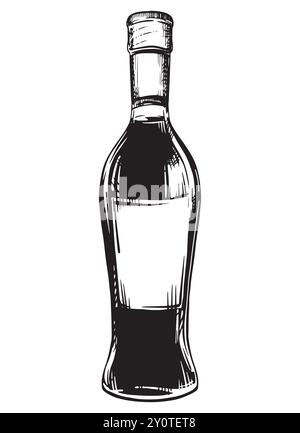 Bouteille de vin isolée sur fond blanc. Croquis vectoriel, gravure à la main vintage. Dessin à l'encre dessiné à la main d'une bouteille. Dessin au trait pour le menu, la conception, l'étiquette. Illustration de Vecteur