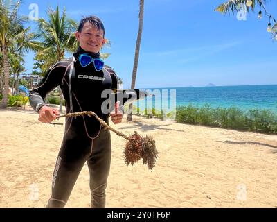 Nha Trang, Vietnam. 23 août 2024. Un plongeur a pêché une étoile de mer de couronne d'épines au large de la côte de Nha Trang. Les étoiles de mer souvent de couleur rouge se nourrissent de coraux pierreux et constituent une menace majeure pour les projets de reboisement. Ses épines toxiques aiguisées sont également dangereuses pour les humains. Crédit : Carola Frentzen/dpa/Alamy Live News Banque D'Images