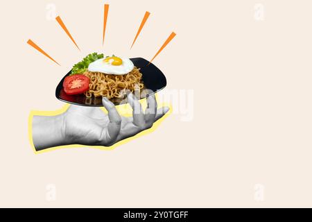 Une main tenant une assiette de nourriture avec des nouilles, un œuf et une tomate. Journée mondiale de l'alimentation. Art collage Banque D'Images