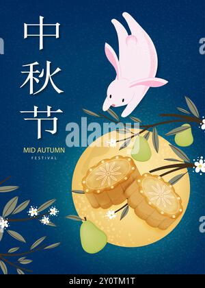 Festival de la mi-automne avec des gâteaux de lune et lapin de lune. Illustrations vectorielles Illustration de Vecteur