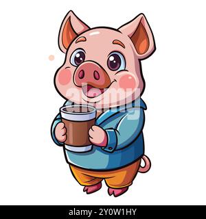 Adorable Cartoon Pig embrassant une illustration d'icône de vecteur de tasse de café Illustration de Vecteur