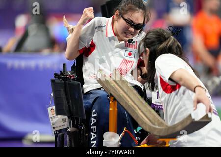 Paris, France. 3 septembre 2024. Ayane Ichinoe (JPN) Boccia : match de qualification BC3 à paires mixtes au South Paris Arena lors des Jeux Paralympiques de Paris 2024 à Paris, France . Crédit : SportsPressJP/AFLO/Alamy Live News Banque D'Images