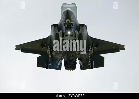 Royal Air Force Lockheed Martin F-35B STOVL capable multi-role stealth fighter jet ZM163 hovers in front of the crowd at the Fairford RIAT Stock Photo