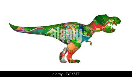Dinosaures préhistoriques à l'intérieur de T Rex silhouette coupée en papier, lézards jurassiques vectoriels. Tyrannosaurus T-rex cadre avec des personnages Dino drôles préhistoriques dans la forêt de jungle de lézards ou de reptiles du parc jurassique Illustration de Vecteur