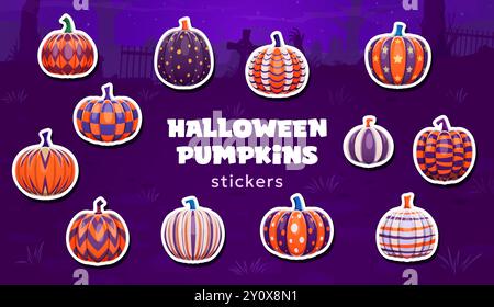 Autocollants paquet de citrouilles d'Halloween avec ornement de vacances. Patchs festifs vectoriels de dessin animé mettant en vedette des gourdes sur le thème d'Halloween ornées de motifs ludiques sur un fond sombre de cimetière effrayant Illustration de Vecteur