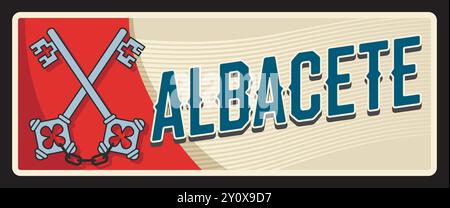Albacete province d'Espagne plaque de voyage vintage. Plaque de région d'Espagne, signe vintage avec clé de blason, drapeau de province et typographie vintage. Communauté autonome de Castilla la Mancha Illustration de Vecteur