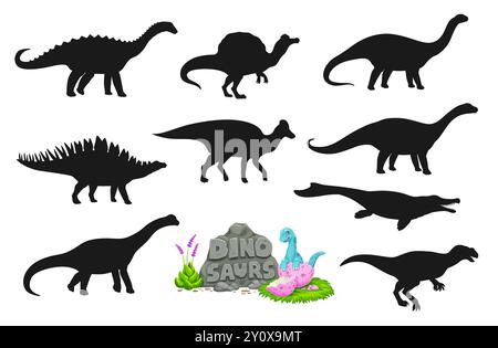 Silhouettes de dinosaures, animaux préhistoriques vectoriels avec Dino bébé de dessin animé en coquille d'œuf et roche de volcan. Ensemble de dinosaures géants jurassiques et de reptiles préhistoriques. Amygdalodon, lexovisaurus, oxalaia dinos Illustration de Vecteur