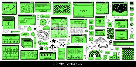 Autocollants de navigateur de fenêtre rave rétro Y2K en vert fluo vif. Vector Set comprend des icônes ludiques et des graphismes informatiques nostalgiques, des éléments de menu d'interface dans le style de la culture Internet moderne du début des années 2000 Illustration de Vecteur