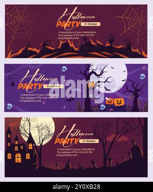Joyeux vecteur d'affiche de fête d'Halloween, cimetière, bonbons et citrouille effrayante. Couverture d'art Horror Night. bonne bannière d'halloween, vecteur de bannière d'halloween Illustration de Vecteur