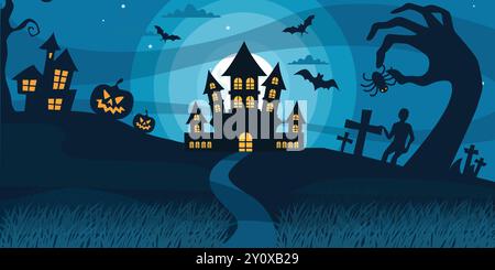 Bonne bannière d'Halloween, carte d'halloween, vecteur de poste de médias sociaux d'halloween, citrouille d'halloween, costume d'halloween Illustration de Vecteur