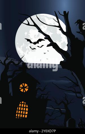 Joyeux vecteur d'affiche de fête d'Halloween, cimetière, bonbons et citrouille effrayante. Couverture d'art Horror Night. bonne bannière d'halloween, vecteur de bannière d'halloween Illustration de Vecteur