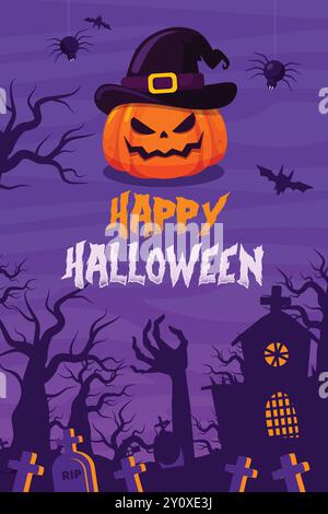 Bonne bannière d'Halloween, bannière de vente d'Halloween, vecteur d'affiche de nuit effrayante d'Halloween Illustration de Vecteur