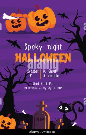 Bonne bannière d'Halloween, bannière de vente d'Halloween, vecteur d'affiche de nuit effrayante d'Halloween Illustration de Vecteur