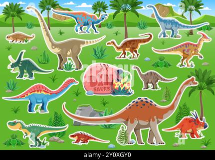 Autocollants de dinosaure, animaux dinosaures mignons de dessin animé sur fond vectoriel de paysage de nature jurassique. Drôles de dinosaures préhistoriques et bébé Dino dans l'œuf. Autocollants Allosaurus, styracosaurus et iguanodon Illustration de Vecteur