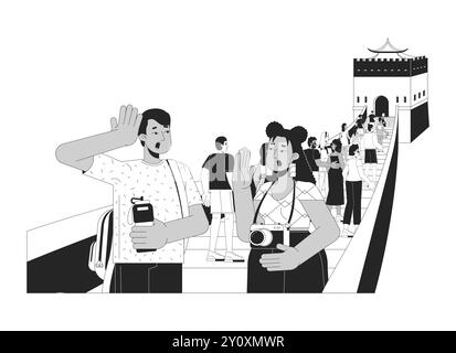 Groupe de touristes excités sur le grand mur de la chine noir et blanc 2D ligne personnages de dessin animé Illustration de Vecteur