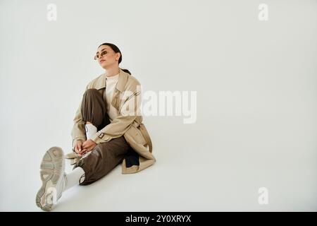 Une jeune femme dans une tenue d'automne chic pose gracieusement sur un fond de studio propre, incarnant un style saisonnier. Banque D'Images