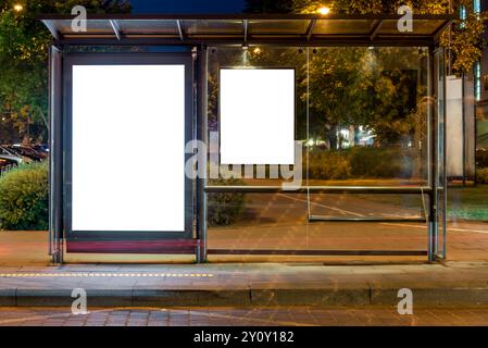 Maquette vierge du panneau d'affichage vertical de l'arrêt de bus devant le parc la nuit. Blanc vide écran de publicité sur le trottoir Banque D'Images