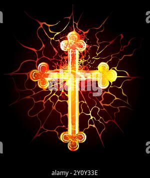 Artistiquement peint, lumineux, croix texturée faite de lave chaude rouge sur fond noir craquelé. Style gothique. Illustration de Vecteur