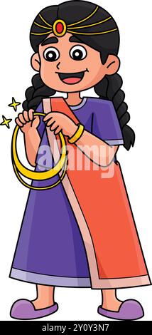 Fille de Diwali tenant collier d'or Cartoon Clipart Illustration de Vecteur