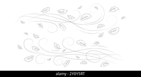 Doodle feuilles d'automne volent dans le vent. Toile de fond du contour de la saison d'automne, le flux d'air laisse un motif linéaire de vague ou une impression vectorielle de gribouillage soufflant le vent Illustration de Vecteur