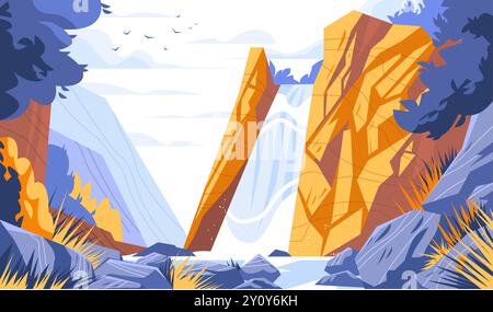 Cascade coulant entre de grandes falaises oranges entourées de feuillage bleu et orange et de rochers sous un ciel nuageux avec des oiseaux volant Illustration de Vecteur