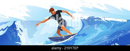 Surfeur chevauchant une grande vague dans l'océan action dynamique sport aquatique concept d'aventure estivale couleurs vives Illustration de Vecteur