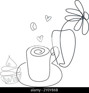 Griffonne une tasse de café avec des gâteaux, de la crème glacée et des bonbons. Motif de dessin animé avec de la nourriture pour livre de coloriage ou impression de conception. Possibilité de changer facilement les couleurs. Illustration de Vecteur