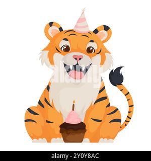 Adorable tigre de dessin animé portant un chapeau de fête et tenant un cupcake avec une bougie, parfait pour les illustrations d'anniversaire des enfants. Illustration de Vecteur