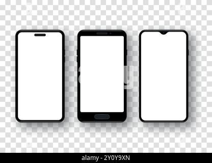 Ensemble de maquettes de smartphone réalistes. Téléphone portable avec écran blanc vide sur fond transparent. Illustration de Vecteur