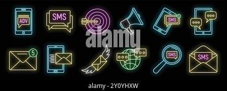 Ensemble coloré d'icônes de néon représentant divers aspects du marketing et de la publicité, mettant en évidence l'utilisation de sms et e-mail Illustration de Vecteur