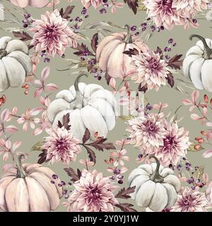 Motif sans couture d'automne avec citrouilles, fleurs de dahlia, feuilles d'automne et baies de viburnum Banque D'Images