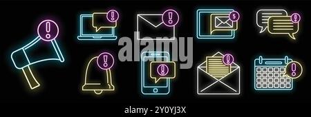 Ensemble d'icônes de néon lumineux représentant différentes façons de recevoir des notifications, mettant l'accent sur le concept d'alertes et de communication à l'ère numérique Illustration de Vecteur