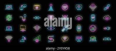 Icônes de ligne de néon brillantes illustrant divers problèmes de déconnexion Internet et de wifi Illustration de Vecteur