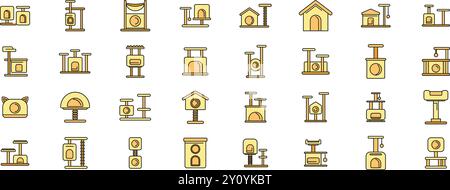 Grand ensemble d'arbres de chat et de gratter des poteaux avec des hamacs et des icônes de maisons montrant une variété de styles pour le divertissement félin Illustration de Vecteur